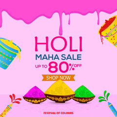 Beautiful pink splash abstract background with colorful bucket and colors. Happy Holi.