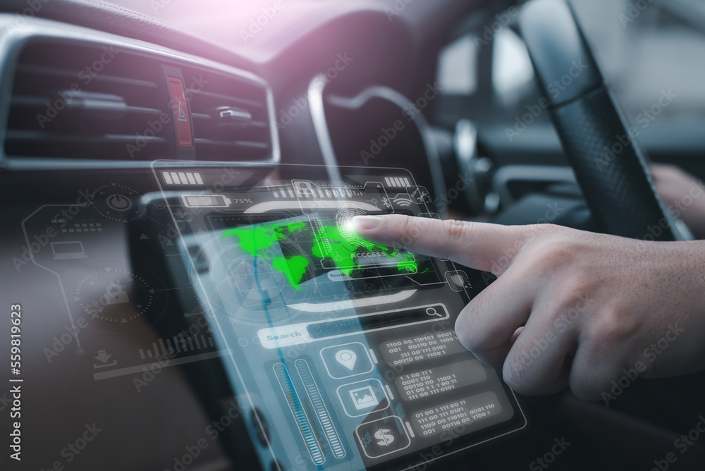 Poster graphic user interface and a futuristic car (gui). intelligent vehicle connected vehicle the interne
