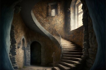 Naklejka premium a painting of a staircase leading to a window in a stone building with a stone wall and stone steps leading to a doorway in the wall, and a stone wall with a stone door.
