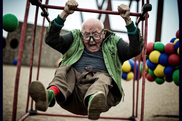 Obraz premium Old man has an extremely fun activity generative ai funny scene showing a positive vibe for old people aging well and active