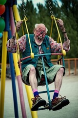 Old man has an extremely fun activity generative ai funny scene showing a positive vibe for old people aging well and active
