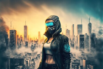 Cyberpunk girl in a mask with a hood