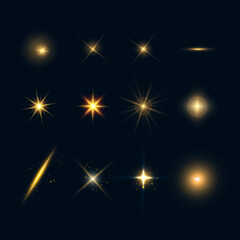 Flashes, lights and sparks set. Abstract golden lights isolated . Bright gold flashes and glares. Bright rays of light. Glowing lines.