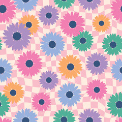 Nostalgic vintage groovy daisy flower seamless pattern on wavy checkerboard background