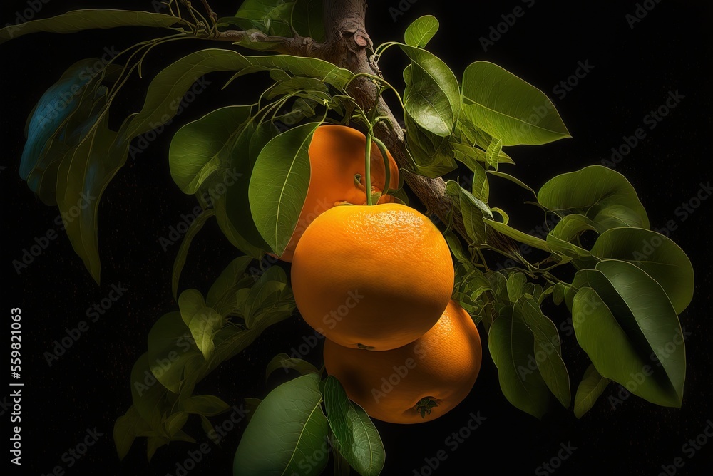 Poster view of oranges hanging vertically from a tree. generative ai