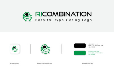 Logo combination mark for hospital and caring service company with brand icon and brand colors