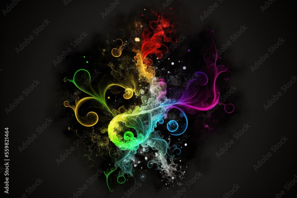 Poster a colorful swirl of smoke on a black background with a black background and a white circle with a bl