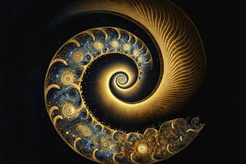 Abstract golden spiral on dark background. Golden ration concept. Astrology illustration. Generative AI