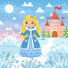 Cute little girl and princess in a blue beautiful dress on a winter background of a castle. Snow lawn. Vector illustration in a cartoon style.
