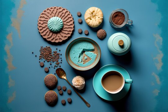 A Blue Table Topped With A Cup Of Coffee And A Plate Of Cookies And A Cookie Cutter Next To It And A Cookie On A Plate With A Slice Missing Piece Of Cake On It.