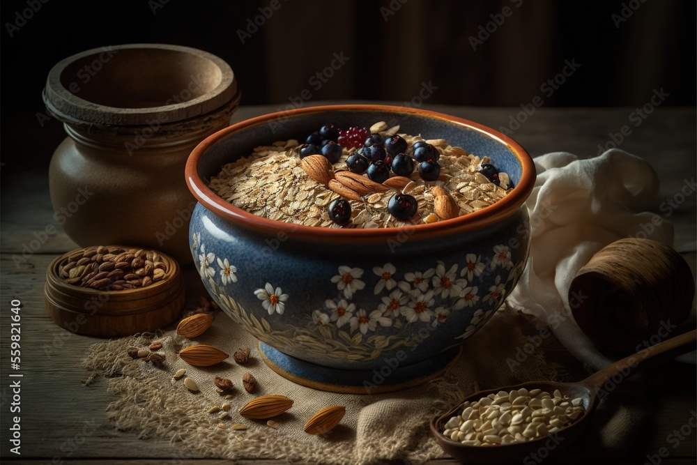Poster a bowl of oatmeal with nuts and blueberries in it on a table next to a jar of honey and a spoon with