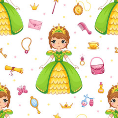 Cartoon seamless pattern with hand drawn cute little princess girl and design elements.. Vector illustration. - 559821608