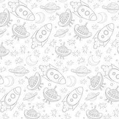 Seamless pattern of rocket, planet, star, ufo on white background in doodle style. Black and white hand drawn drawing. Design for print, fabric, packaging, paper packaging. Vector illustration