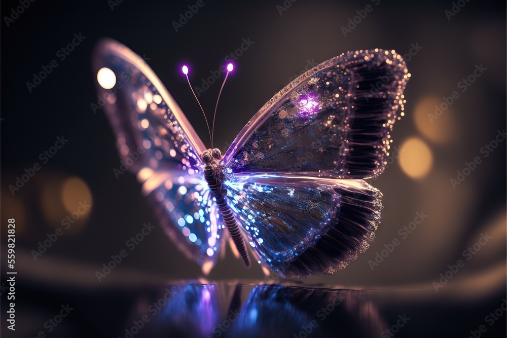 Poster a blue butterfly with sparkling wings on a table top with lights in the background and a blurry back
