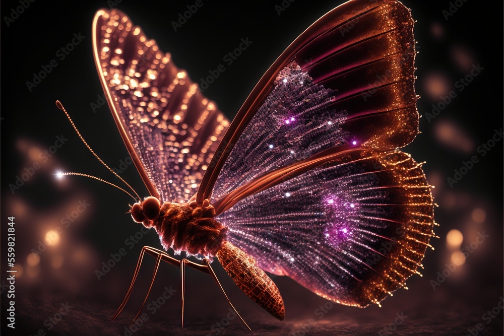 Poster a butterfly with a lot of lights on its wings and wings spread out to the side of the picture, with 