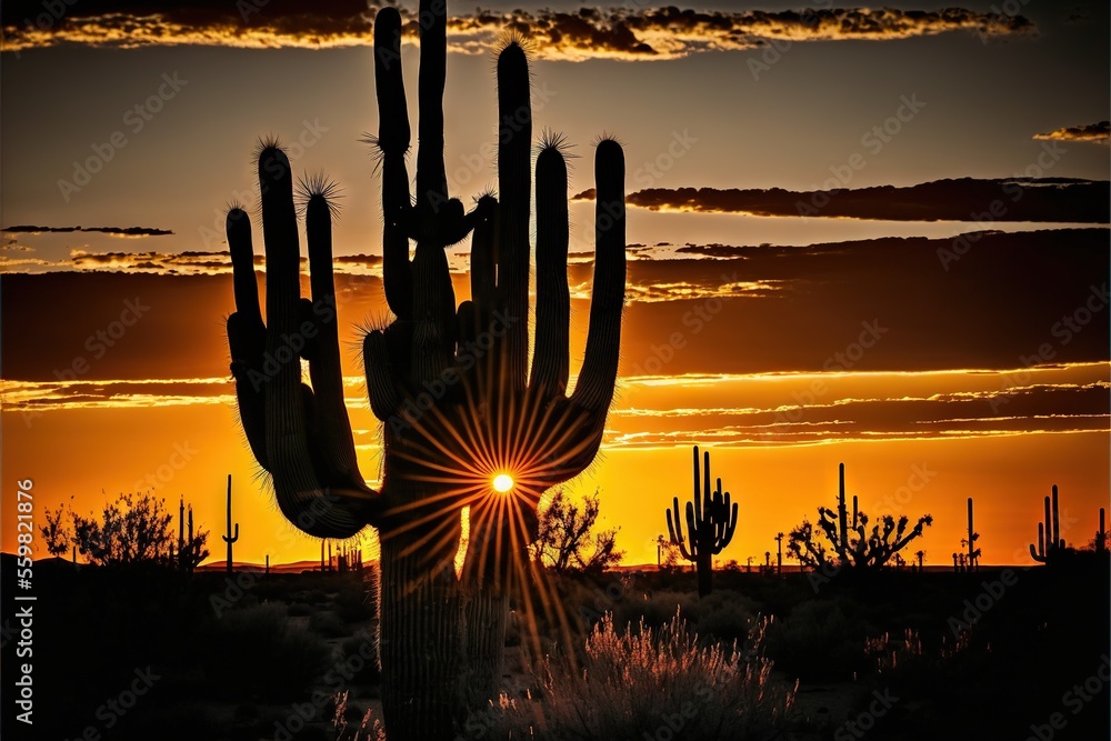 Poster a cactus with the sun setting behind it in the desert with clouds in the sky and a sun setting behin