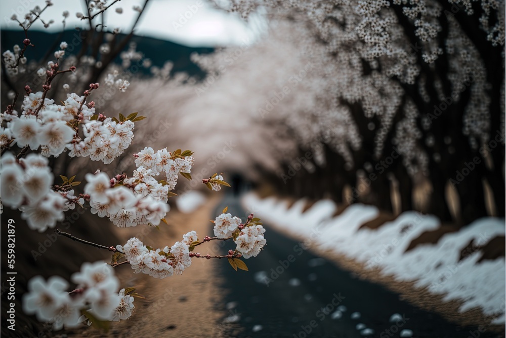 Poster a road with a bunch of trees and snow on it and a person walking down the road in the distance with 