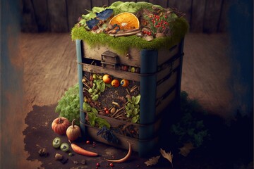a wooden box with a green roof and a bunch of vegetables inside of it on a table with a wooden background and a wooden fence behind it is a small orange slice of fruit and.