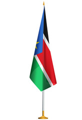 Isolated small national flag of South Sudan vector with golden flagpole.Standing miniature flag of South Sudan