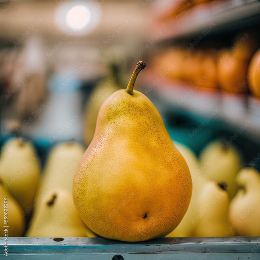 Poster a pear sitting on top of a shelf in a store filled with oranges and pears in the background, with a 