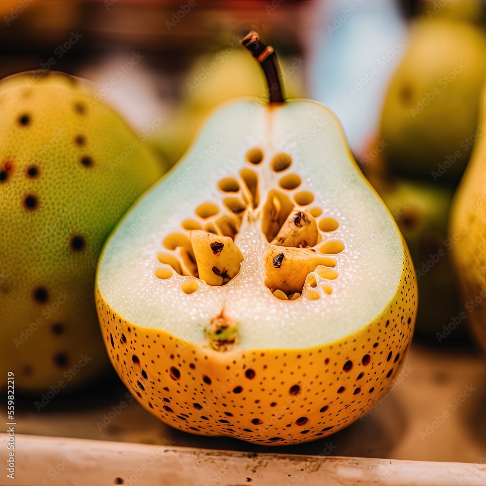 Poster a close up of a fruit with holes in it's center and a few other fruit in the background with a blurr