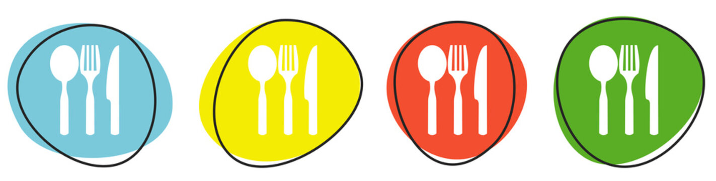Banner mit 4 bunten Buttons: Besteck oder Restaurant