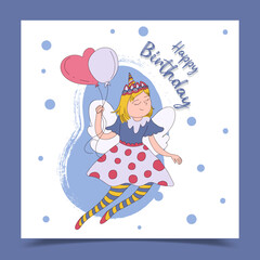 Happy birthday card decorated with girl holding balloons