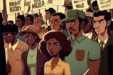 Obraz premium Black History Month celebration, group of people act of activism, protesting crowd of black people, African American people mob in style of cartoon Ai Generated Art