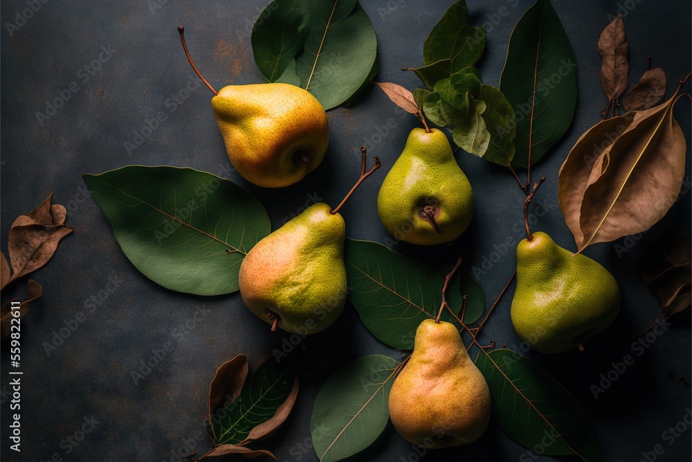 Poster a group of pears and leaves on a table with a blue background and a black background with a white bo