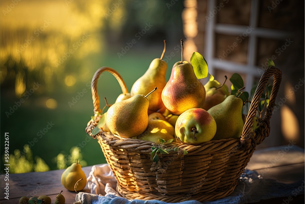 Aufkleber a basket of fruit sitting on a table outside on a sunny day with a blue towel on the table and a win