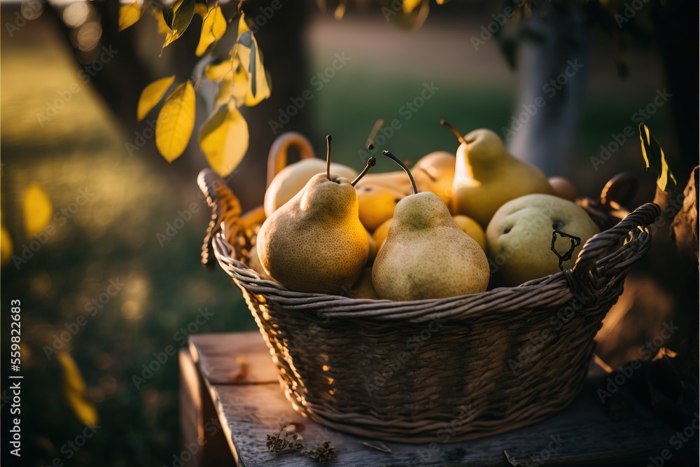 Poster a basket of pears and apples on a table in a park setting with leaves and a tree in the background, 