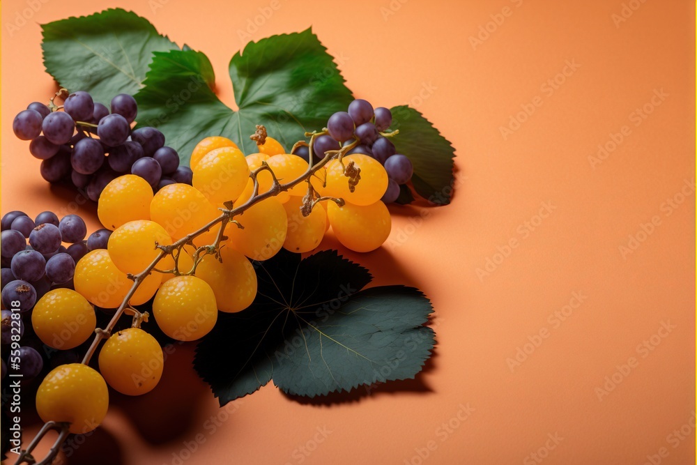 Poster a bunch of grapes and oranges on a branch with leaves on an orange background with a yellow border a