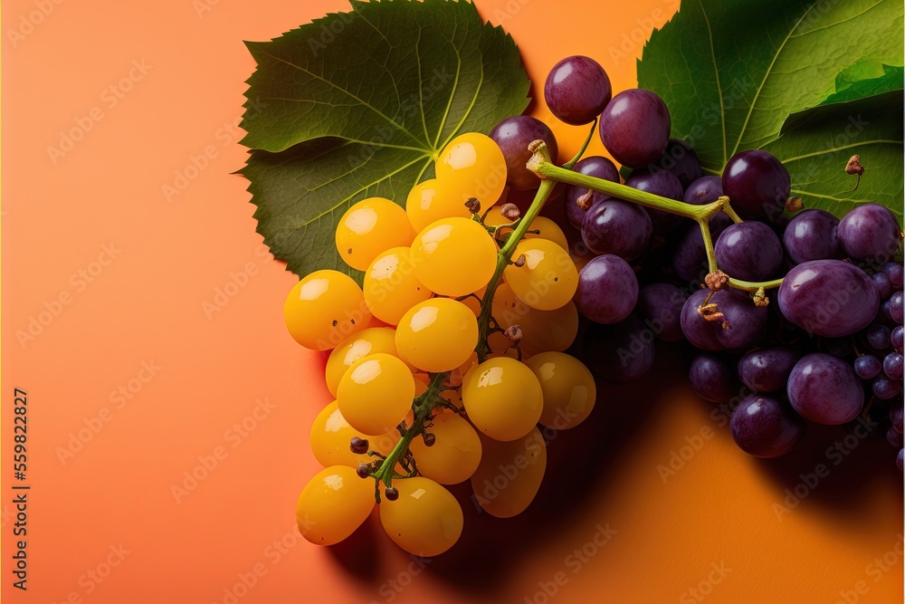 Poster a bunch of grapes sitting on top of a green leafy branch next to a yellow and purple grape on a oran
