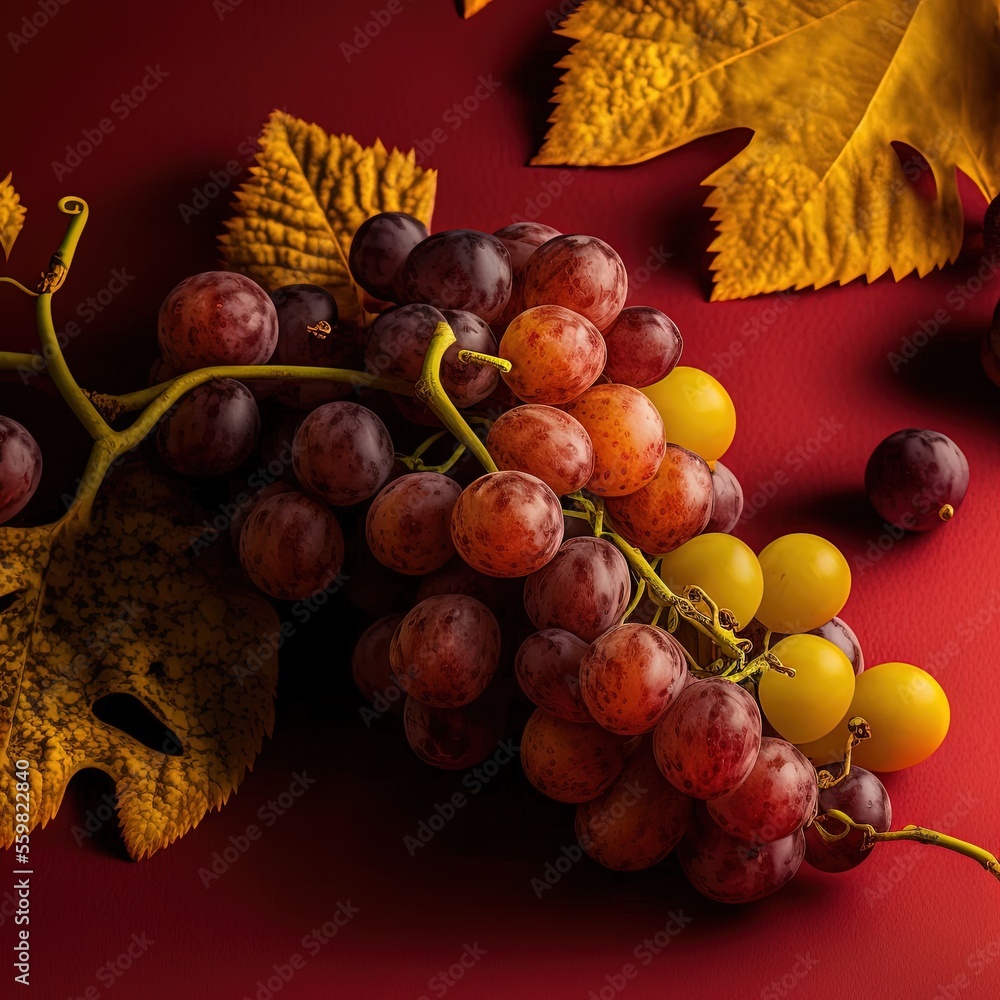 Poster a bunch of grapes and leaves on a red surface with a red background and a yellow leaf on the left si