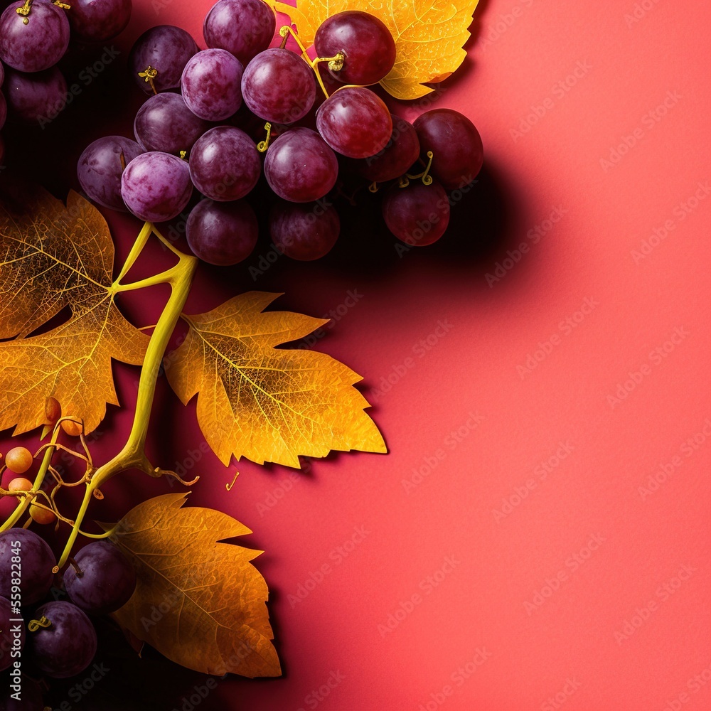 Poster a bunch of grapes and leaves on a pink background with a red background and a yellow leaf on the lef