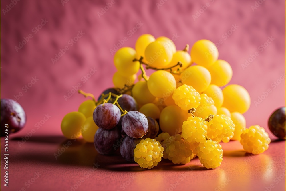Poster a bunch of grapes sitting on top of a table next to a bunch of grapes on a table top next to a bunch