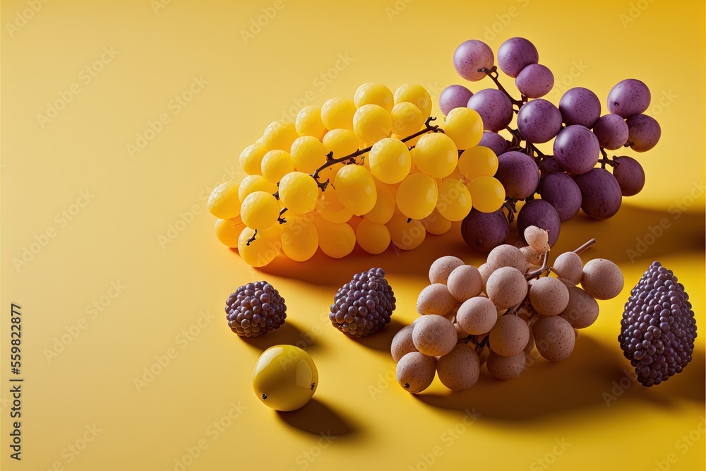 Poster a bunch of grapes and other fruits on a yellow background with a shadow of them on the ground and a 