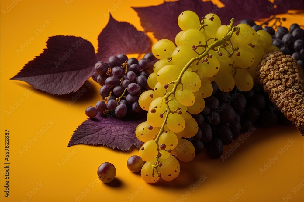 Aufkleber a bunch of grapes and leaves on a yellow background with a pine cone and acorns on the side of the i