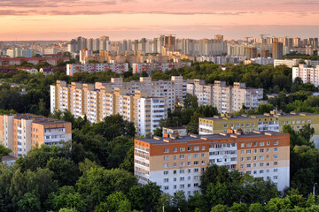 Panoramic aerial view of residential disctict with houses and trees in Minsk