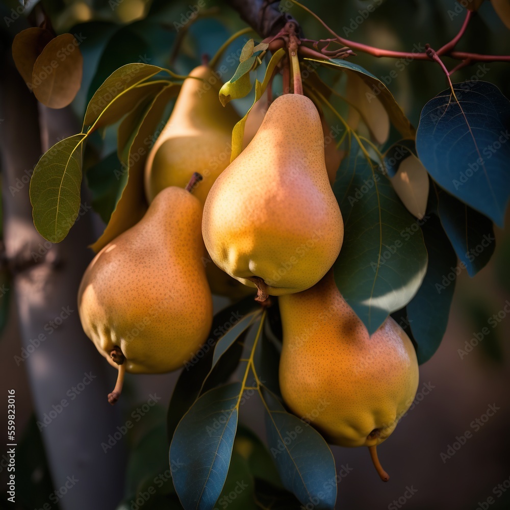 Aufkleber a bunch of pears hanging from a tree branch with leaves on it's branches and a green leafy branch wi