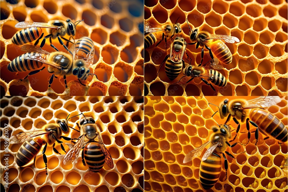 Poster two bees on a honeycomb with a cell in the background and a cell in the foreground with a smaller on