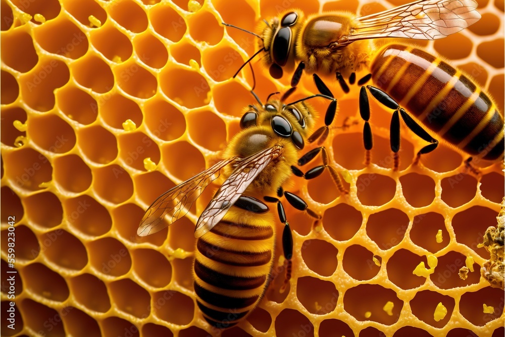 Poster two bees on a honeycomb with honey in the background and a honey in the foreground with honey in the