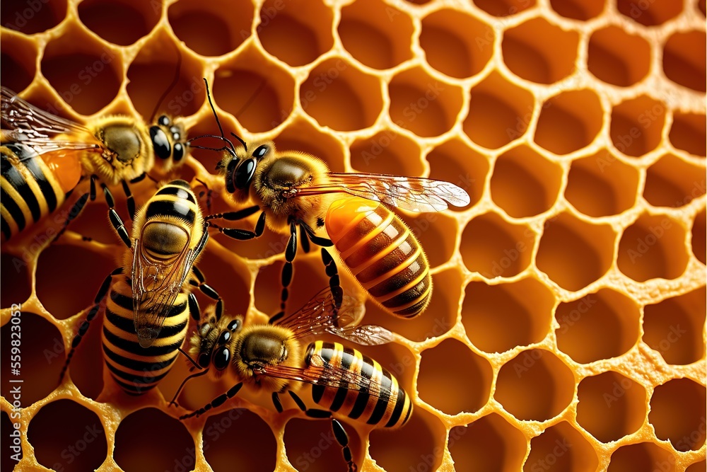 Poster a group of bees sitting on a honeycomb with their cell in the background, with the cells covered in 