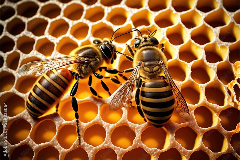 Poster two bees sitting on a honeycomb with their heads facing each other and facing the same direction, wi