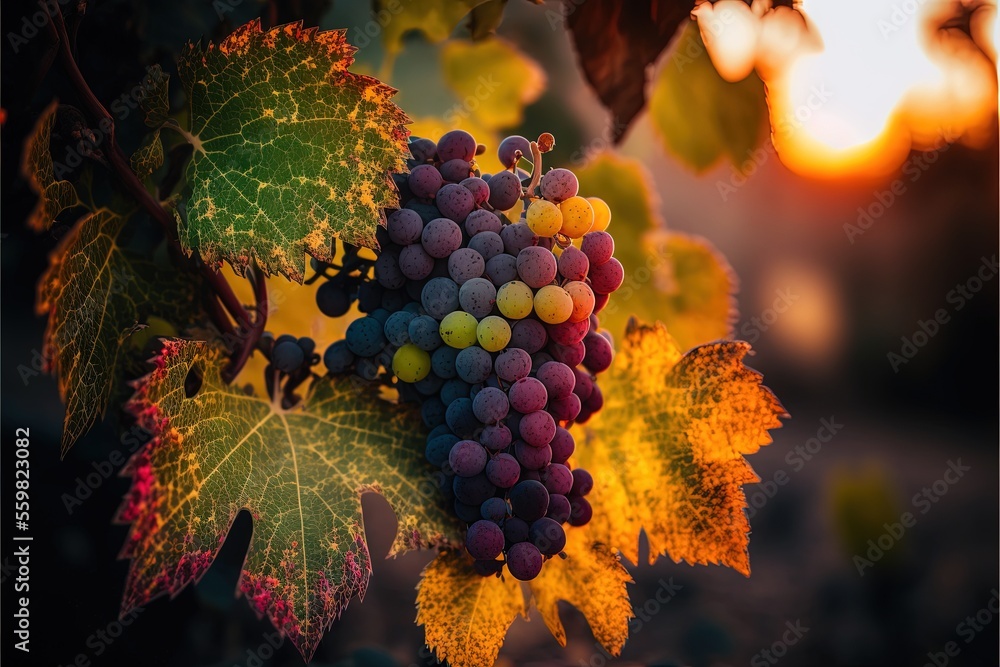 Poster a bunch of grapes hanging from a vine with the sun setting in the background behind them and a few l