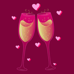 Pair of glasses with wine or champagne with hearts valentine's day, birthday, anniversary, party, holiday. Isolated design element on  crimson background. Hand drawn flat style.