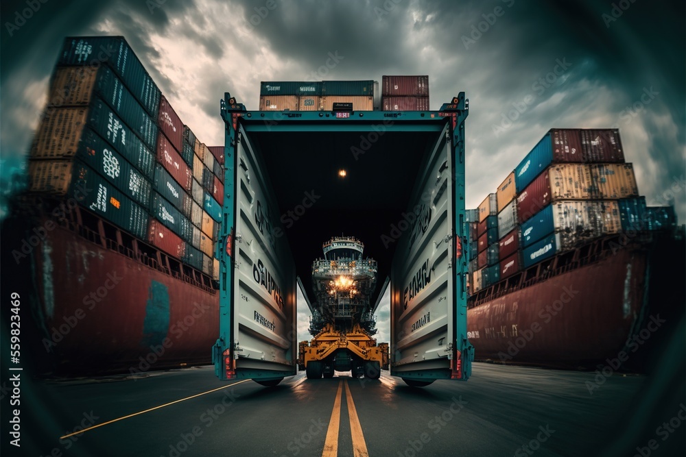 Poster a train traveling through a tunnel filled with cargo containers on top of a road next to a forest of