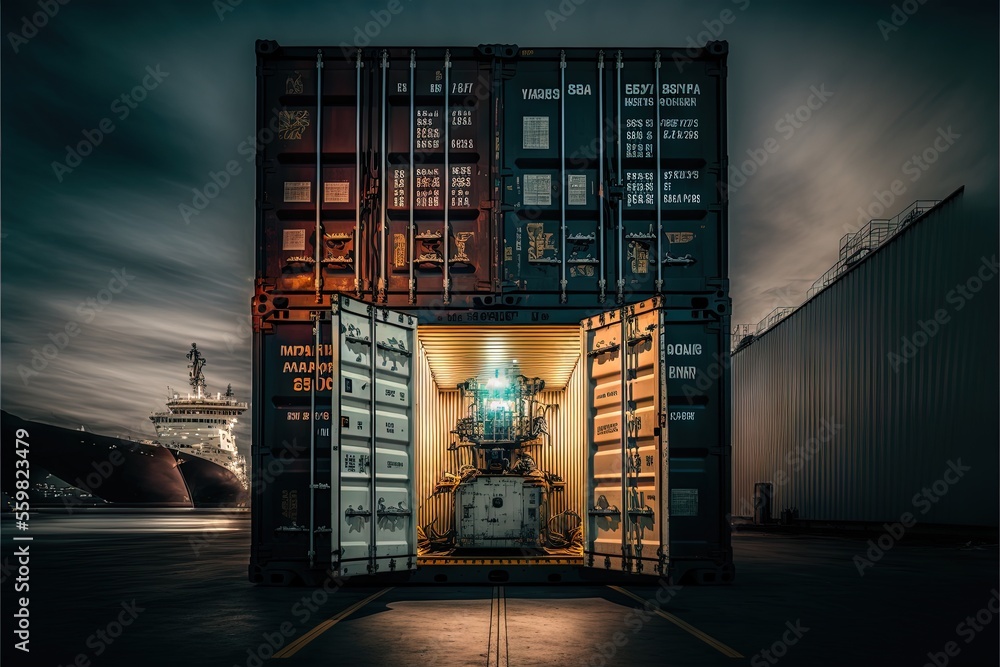 Aufkleber a large cargo container with a clock inside of it's door at night time with a ship in the background
