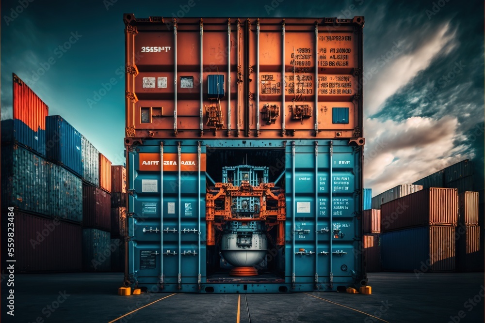 Poster a large cargo container with a large engine in it's back yard, with a sky background and clouds in t