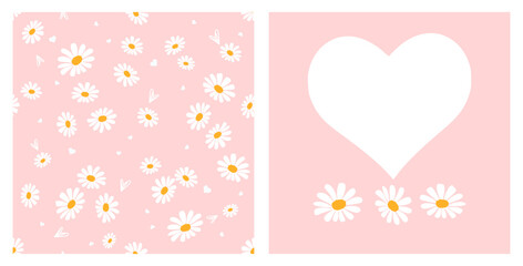 Seamless pattern with hand drawn daisy flower and hearts on pink background. White heart and daisy flower set icon sign on pink background vector illustration.